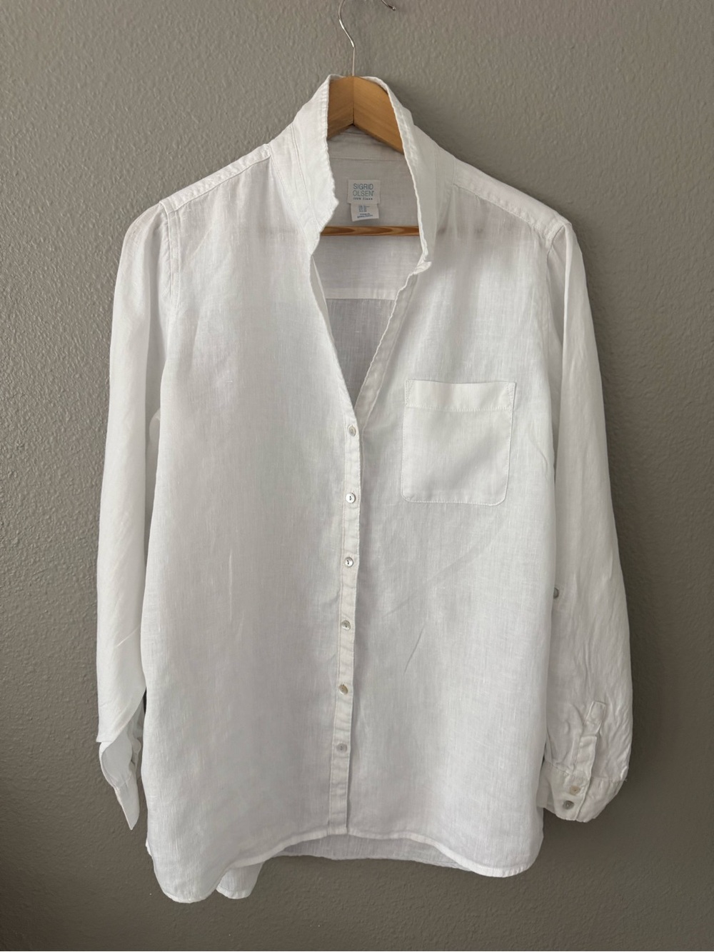 Sigrid Olsen 100% Linen White Roll-Tab Sleeve Button Down Shirt Medium M